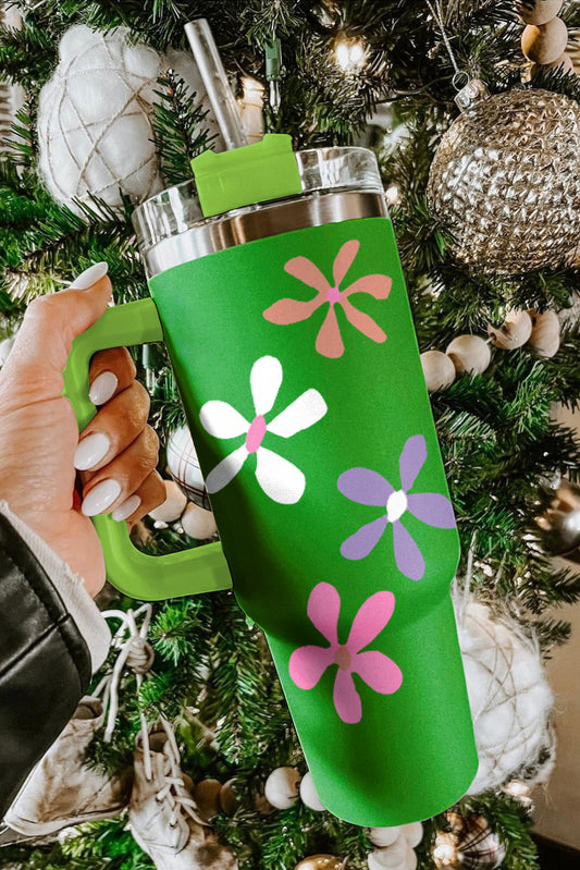 Dark Green Floral Print Stainless Steel Tumbler with Handle 1200ml Tumblers JT's Designer Fashion