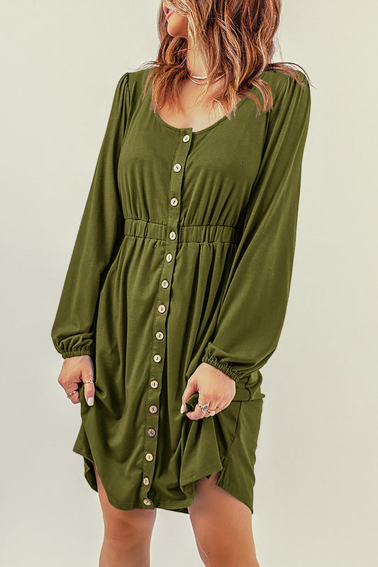 Green Button Up High Waist Long Sleeve Dress Midi Dresses JT's Designer Fashion