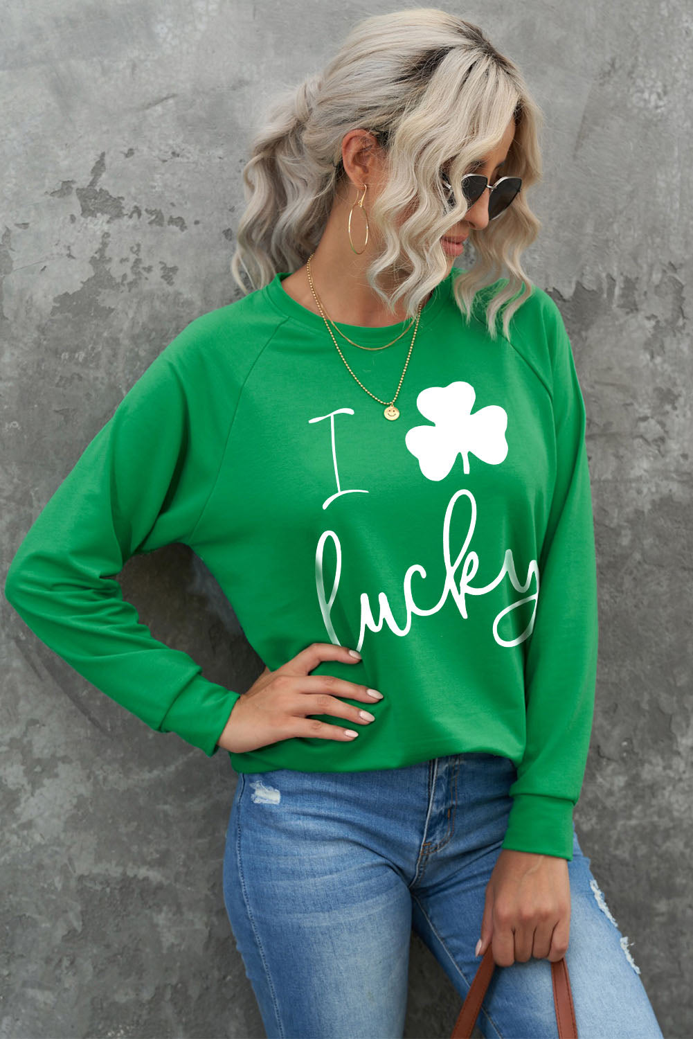 Green St Patrick Luck Clover Graphic Print Sweatshirt Graphic Sweatshirts JT's Designer Fashion