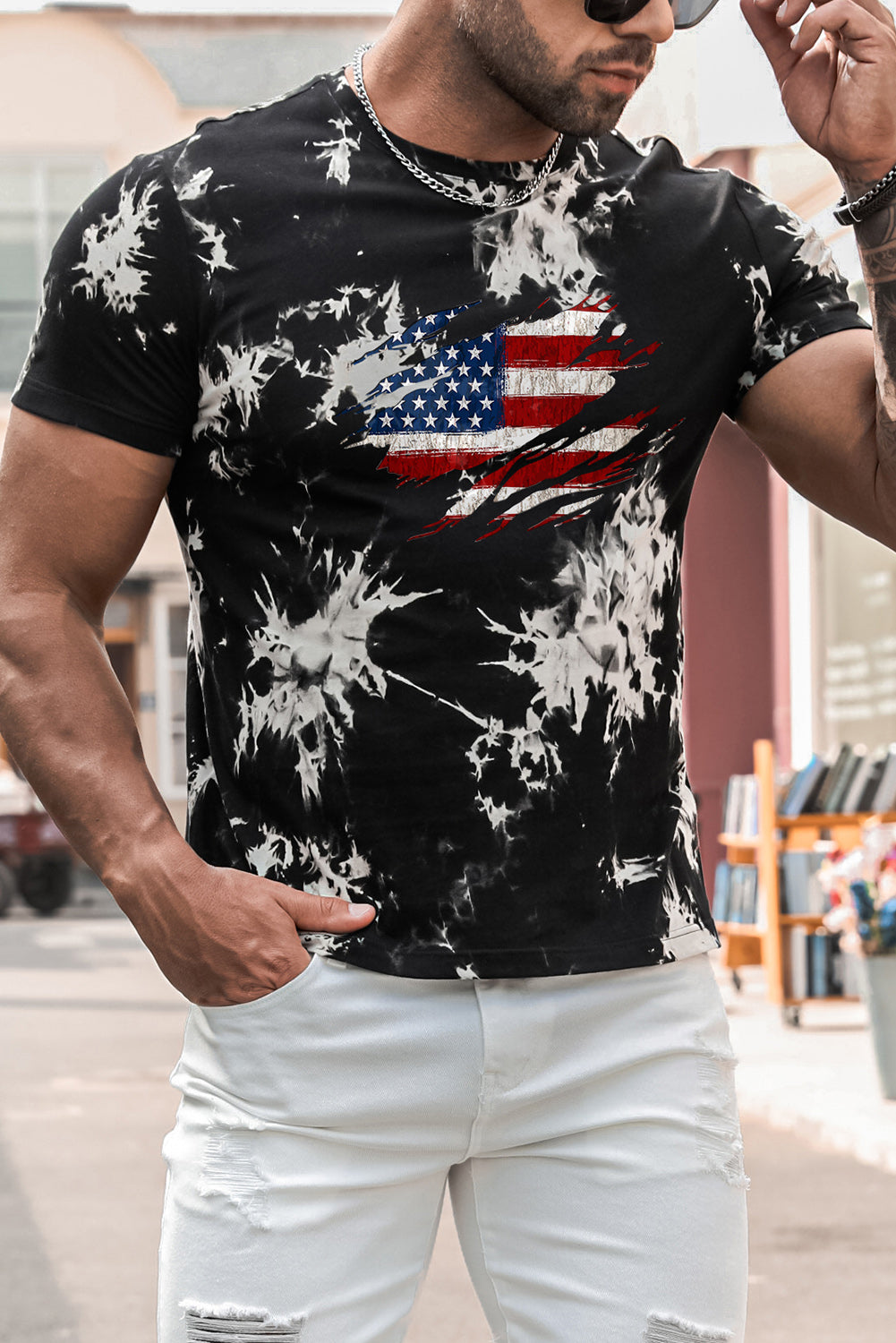 Black Men American Flag Tie-dye Print Tee Black 100%Cotton Men's Tops JT's Designer Fashion