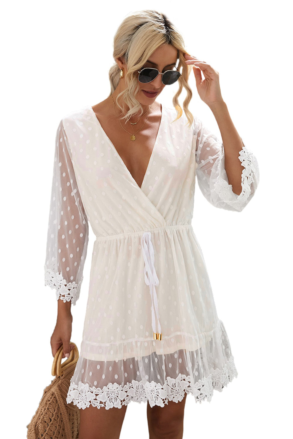White Wrap V Neck Elastic Waist Polka Dot Mesh Lace Splicing Dress Mini Dresses JT's Designer Fashion