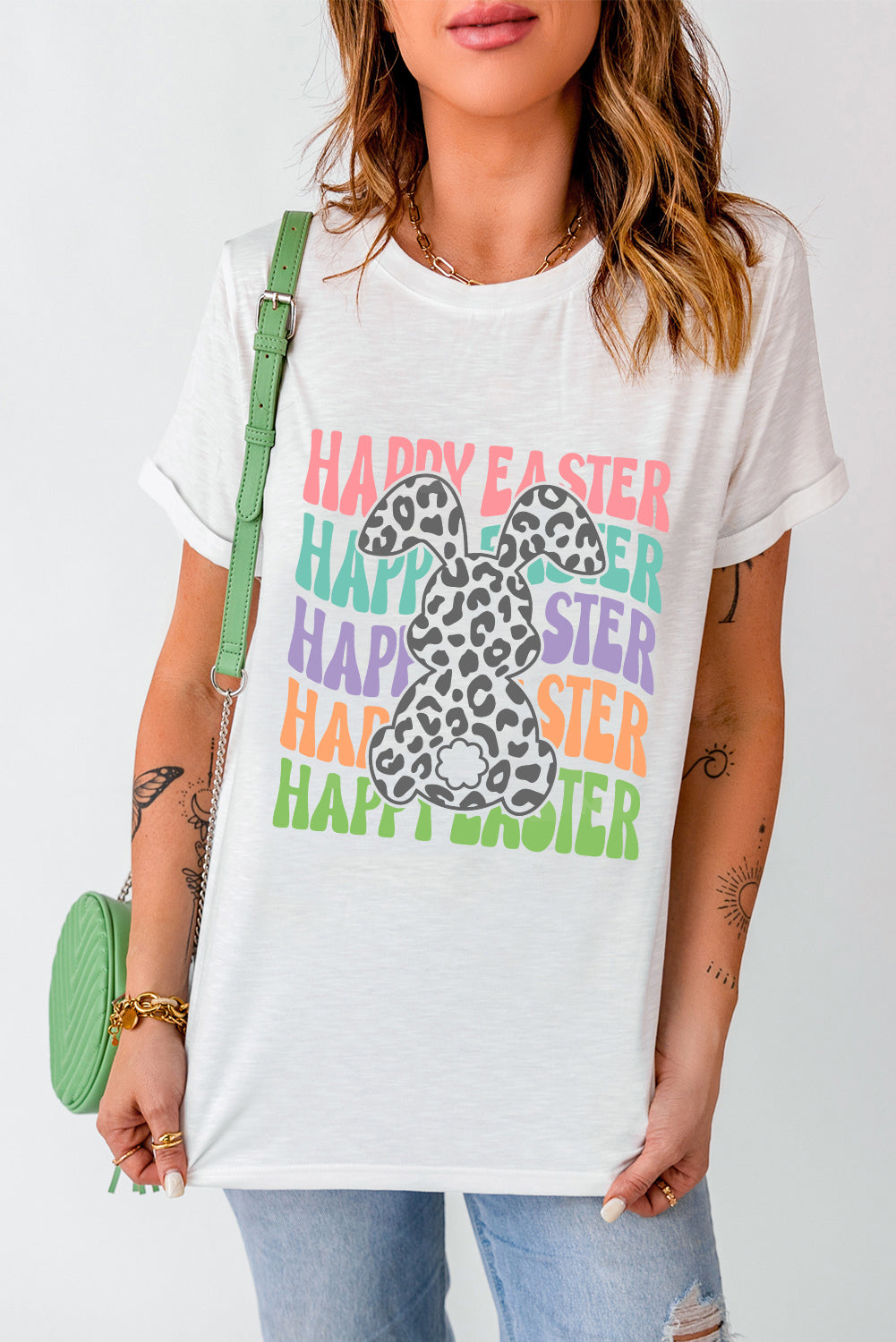 White Happy Easter Rabbit Print Crew Neck T Shirt Graphic Tees JT's Designer Fashion