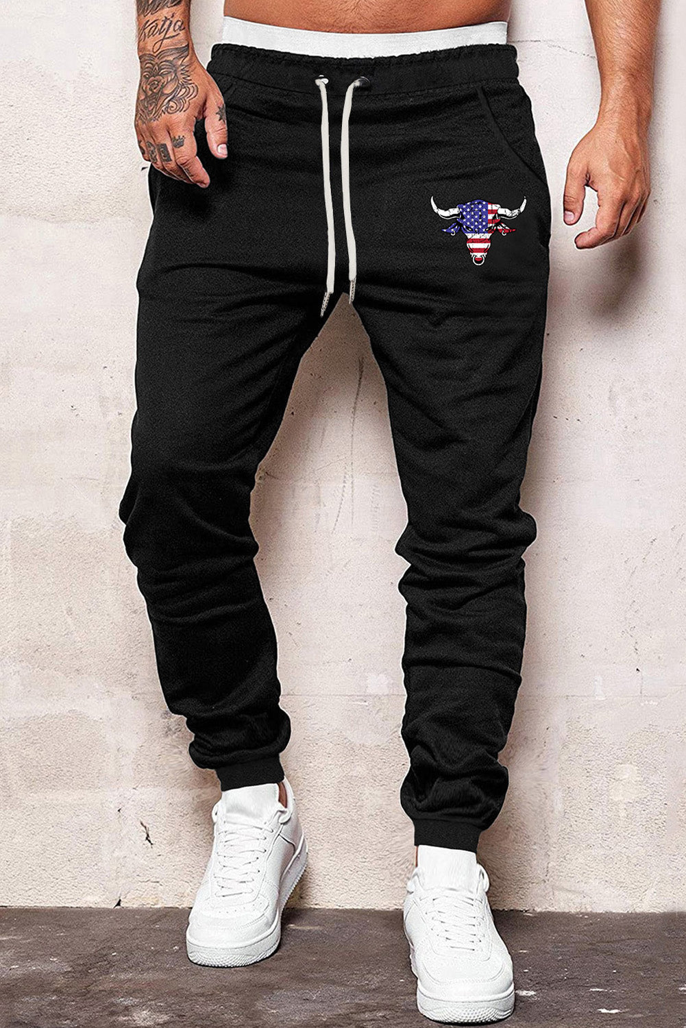 Black American Flag Steer Head Print Drawstring Men's Sweatpants Black 65%涤纶+35%棉 Men's Pants JT's Designer Fashion