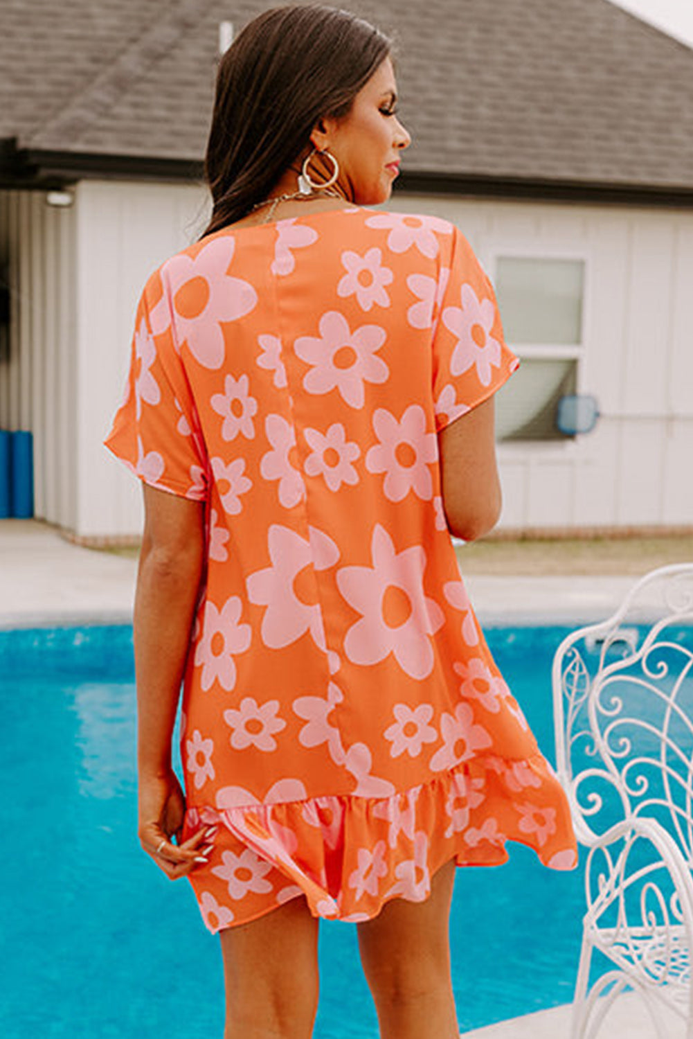 Orange Boho Flower Print Short Sleeve Ruffled Shift Dress Pre Order Dresses JT's Designer Fashion