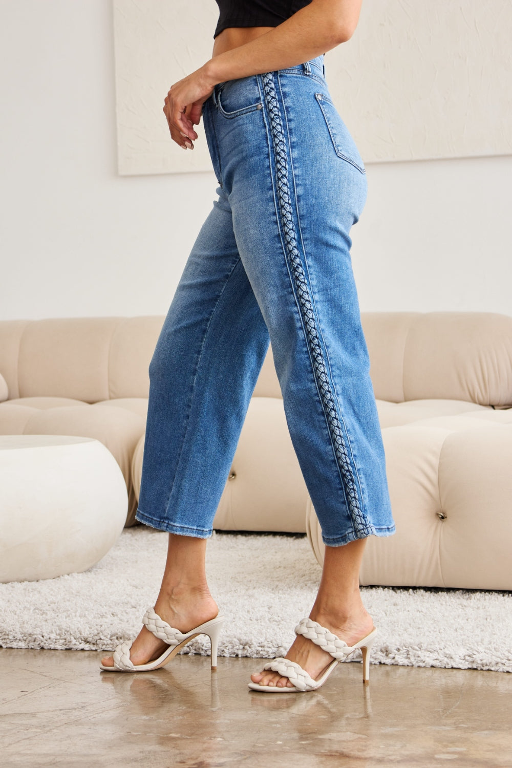 Judy Blue Full Size Braid Side Detail Wide Leg Jeans Jeans JT's Designer Fashion