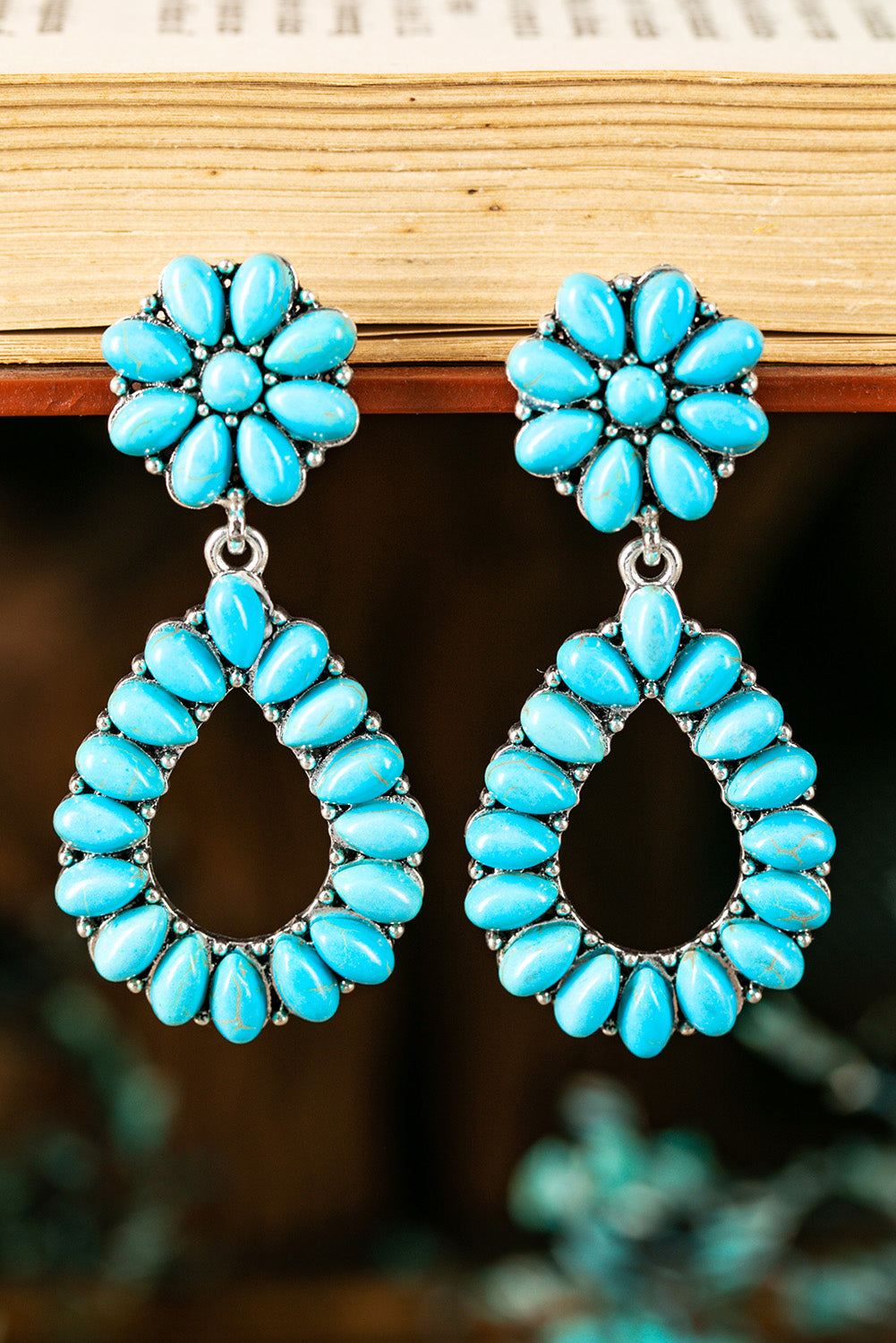 Turquoise Flower Teardrop Stone Earrings Jewelry JT's Designer Fashion