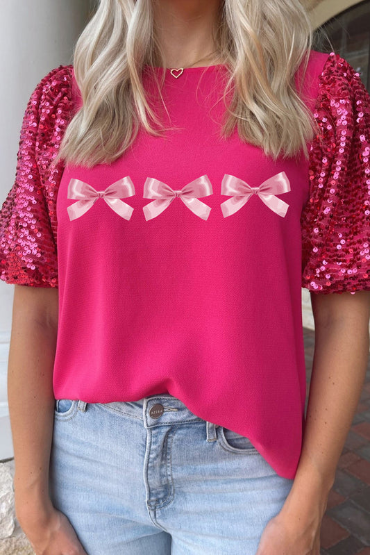 Rose Red Bow Tie Print Sequin Contrast Sleeve T Shirt Graphic Tees JT's Designer Fashion