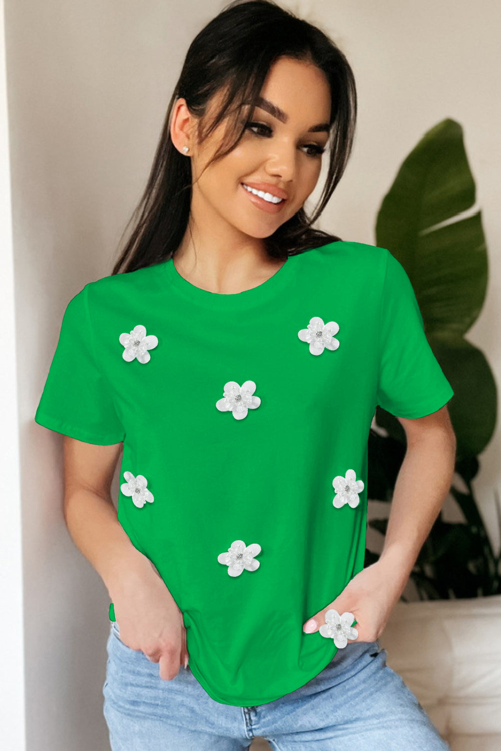 Bright Green Flower Applique Round Neck T-shirt Pre Order Tops JT's Designer Fashion