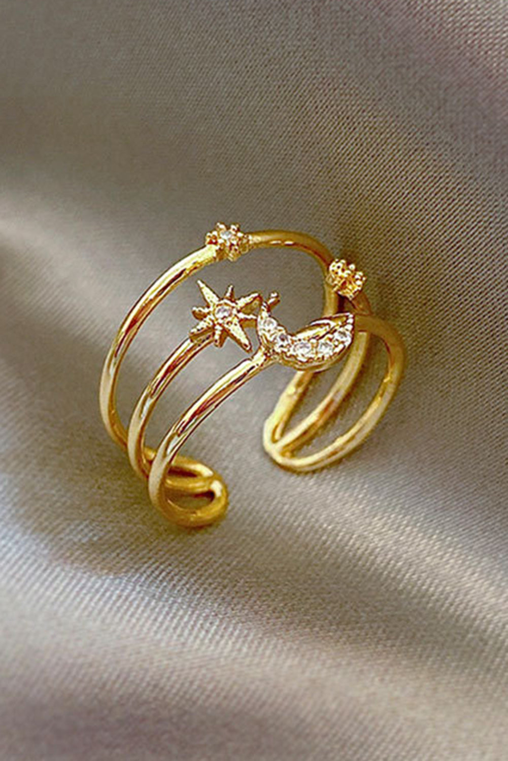 Moon Star Rhinestone Wire Wrap Adjustable Ring Jewelry JT's Designer Fashion