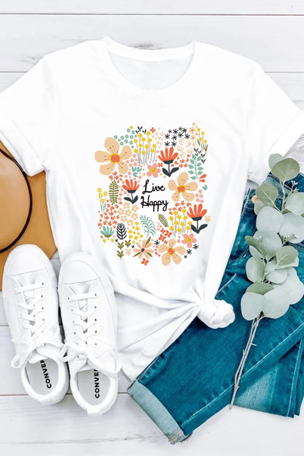 White Live Happy Floral Print T Shirt Graphic Tees JT's Designer Fashion