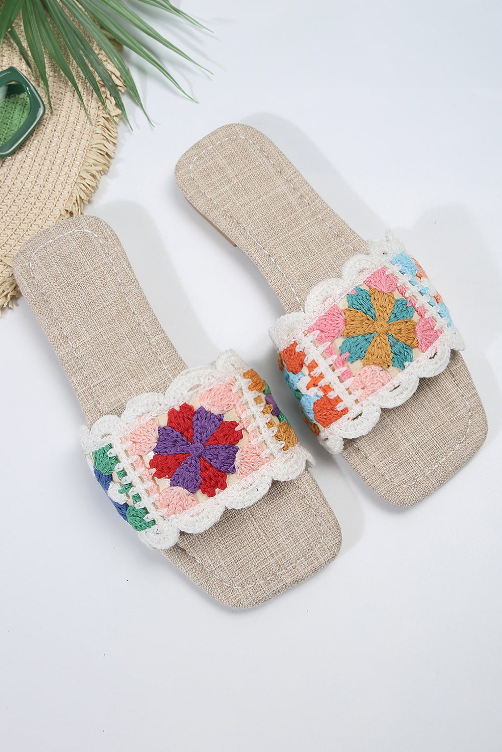 White Crochet Square Toe Flat Slippers Slippers JT's Designer Fashion