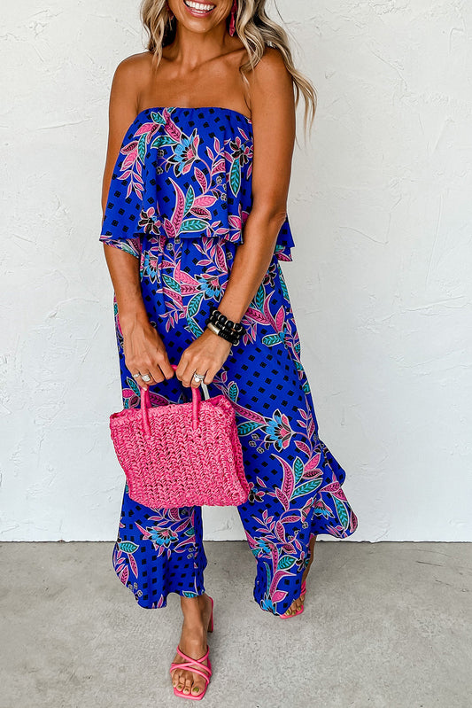Blue Mix Tropical Print Strapless Ruffled Jumpsuit Pre Order Bottoms JT's Designer Fashion