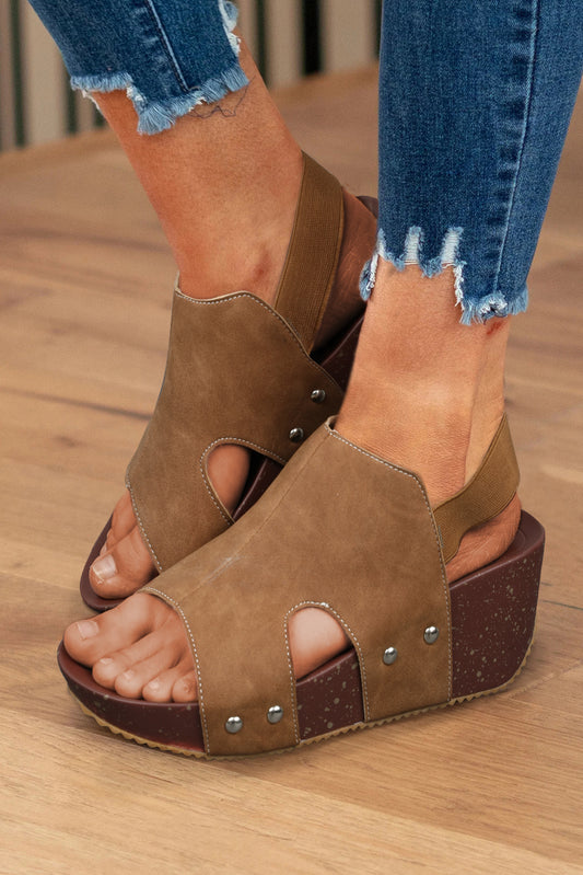 Camel Retro Studded Faux Suede Wedge Sandals Sandals JT's Designer Fashion