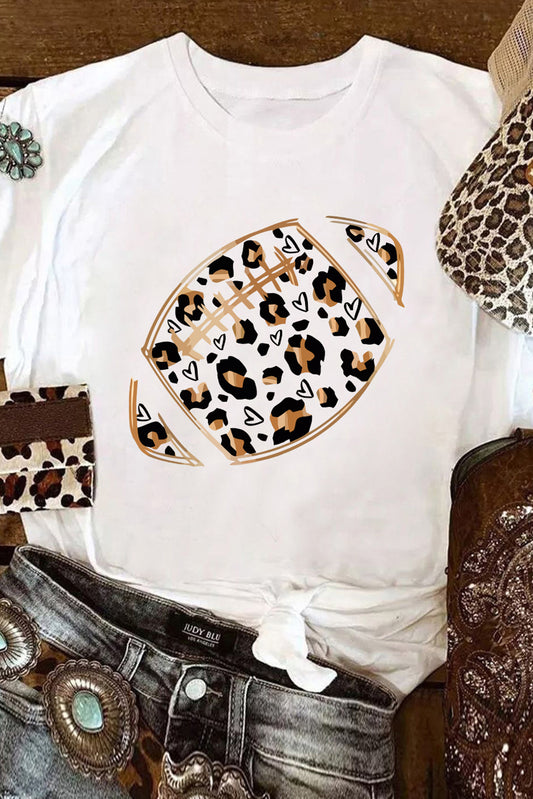 White Leopard Heart Shape Rugby Print Short Sleeve T Shirt White 95%Polyester+5%Elastane Graphic Tees JT's Designer Fashion