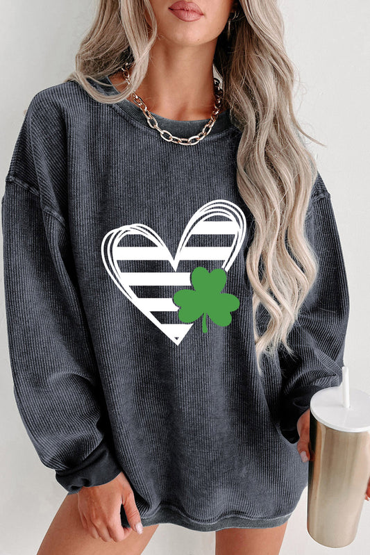 Gray Heart & Clover Print Corded St. Patrick's Day Sweatshirt Gray 100%Polyester Graphic Sweatshirts JT's Designer Fashion