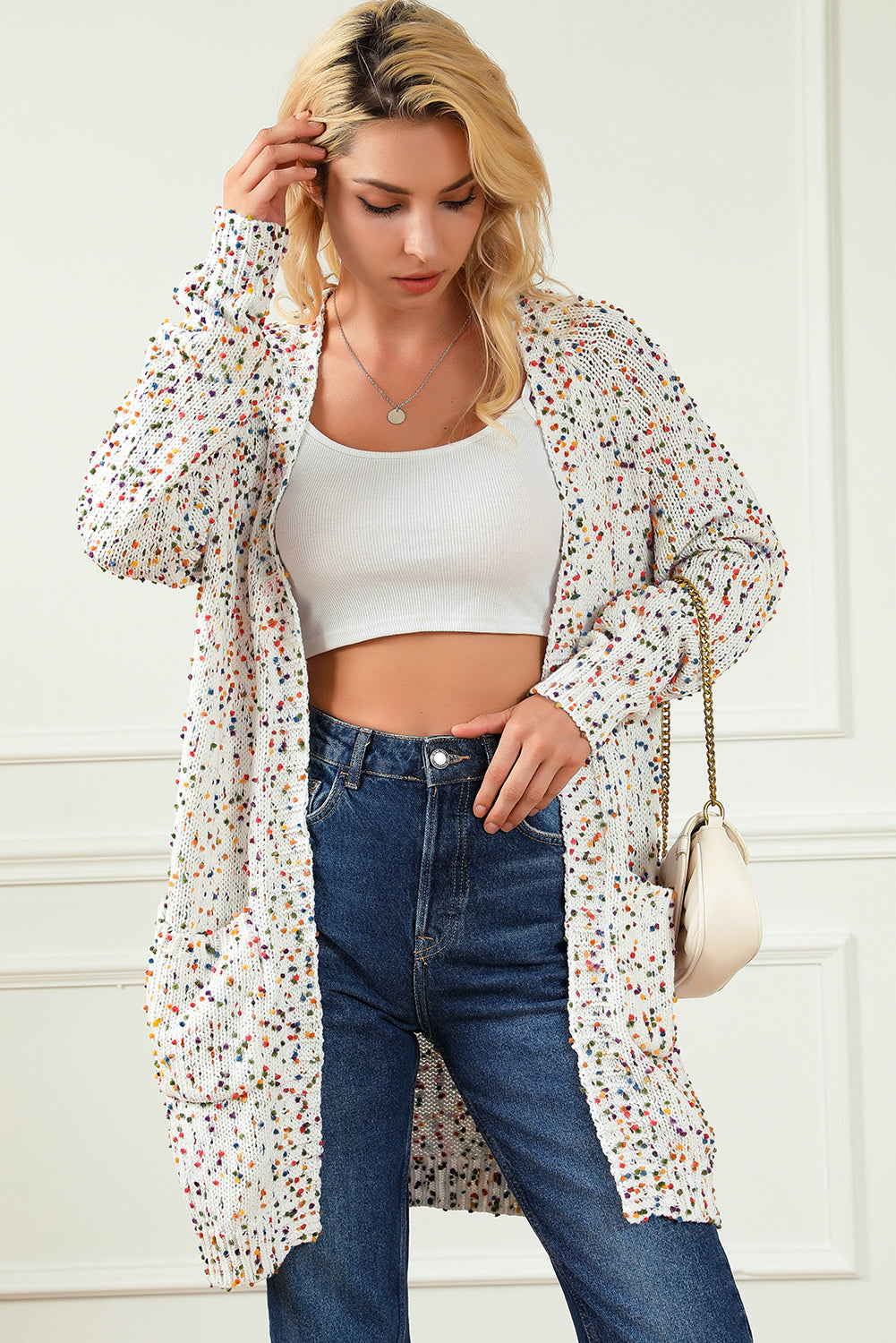 White Rainbow Popcorn Speckles Open Front Cardigan Sweaters & Cardigans JT's Designer Fashion