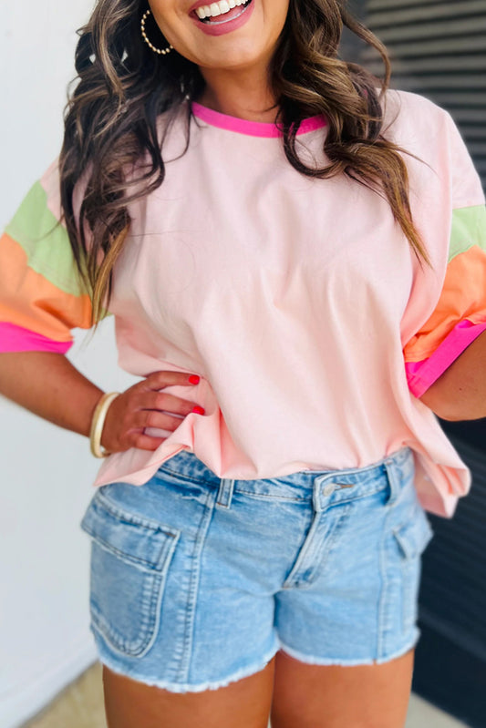 Pink Color Block Half Sleeve O Neck Plus Size T Shirt Pre Order Plus Size JT's Designer Fashion