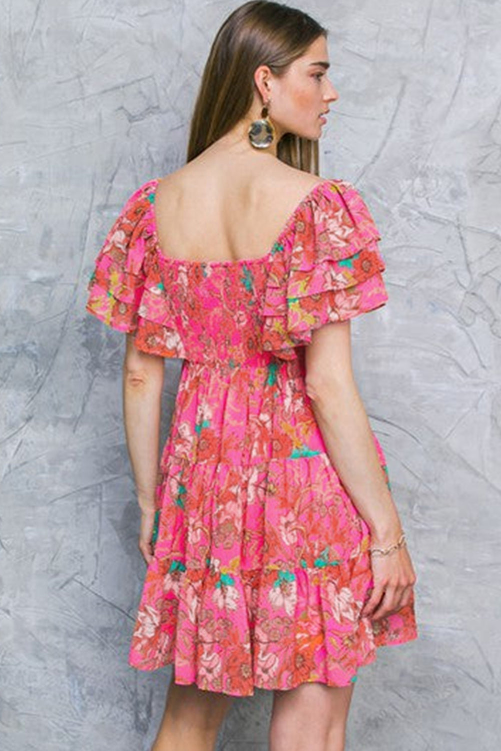 Pink Floral Square Neck Ruffle Sleeve Tiered Dress Floral Dresses JT's Designer Fashion