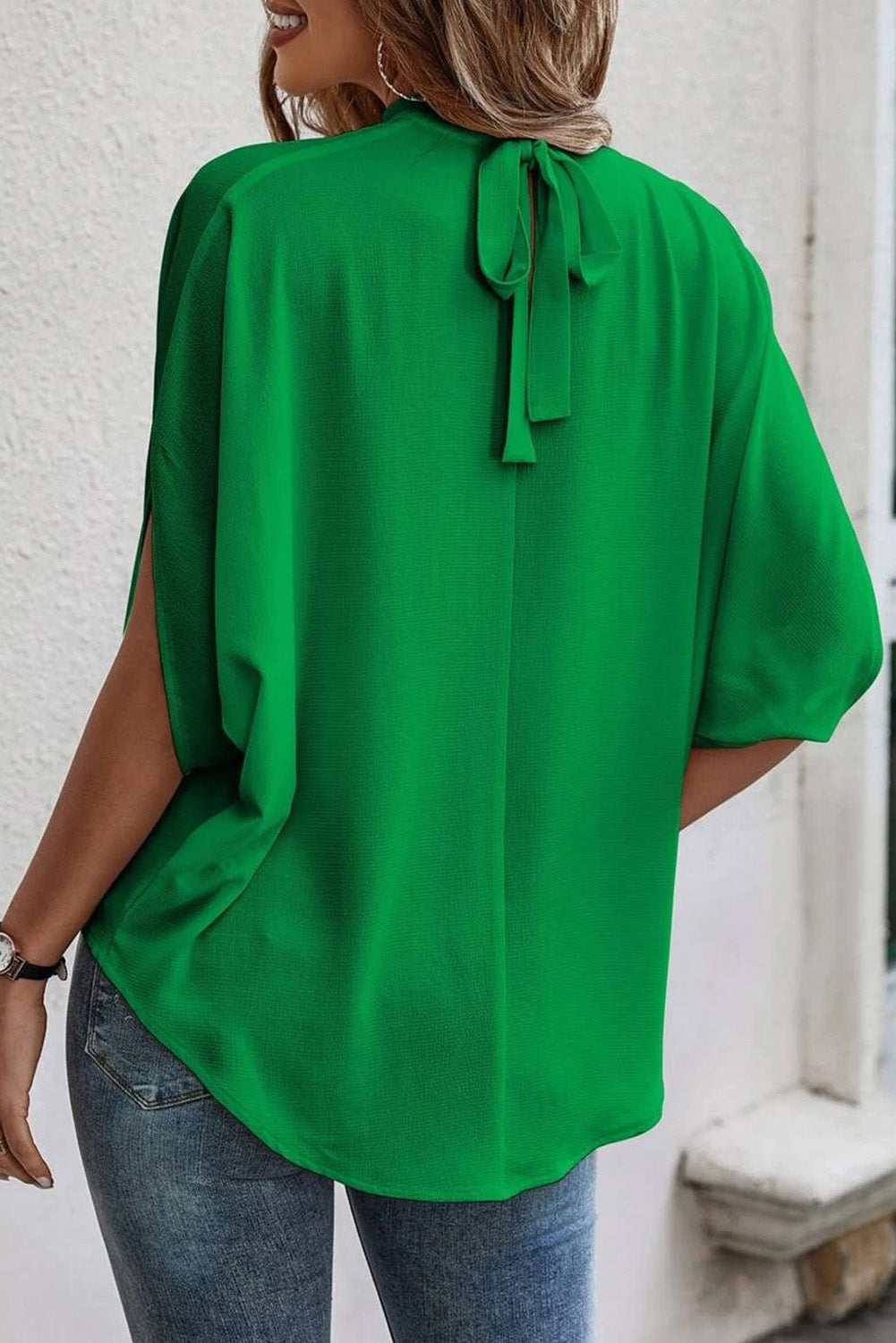 Bright Green Solid Mock Neck Split Batwing Sleeve Blouse Blouses & Shirts JT's Designer Fashion