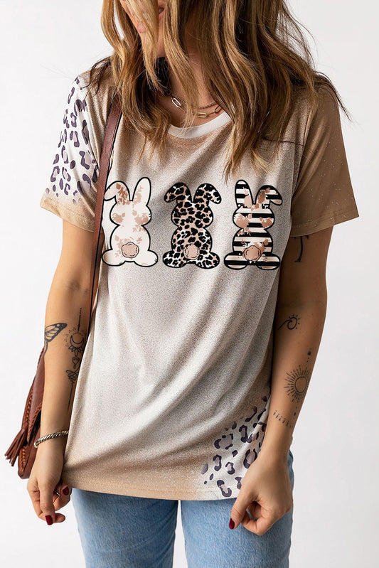 Khaki Easter Bunny Leopard Bleached Print Graphic Tee Khaki 95%Polyester+5%Elastane Graphic Tees JT's Designer Fashion