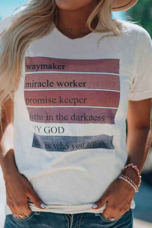 White God Waymaker Miracle Worker Promise Keeper Graphic Tee White 95%Polyester+5%Spandex Graphic Tees JT's Designer Fashion