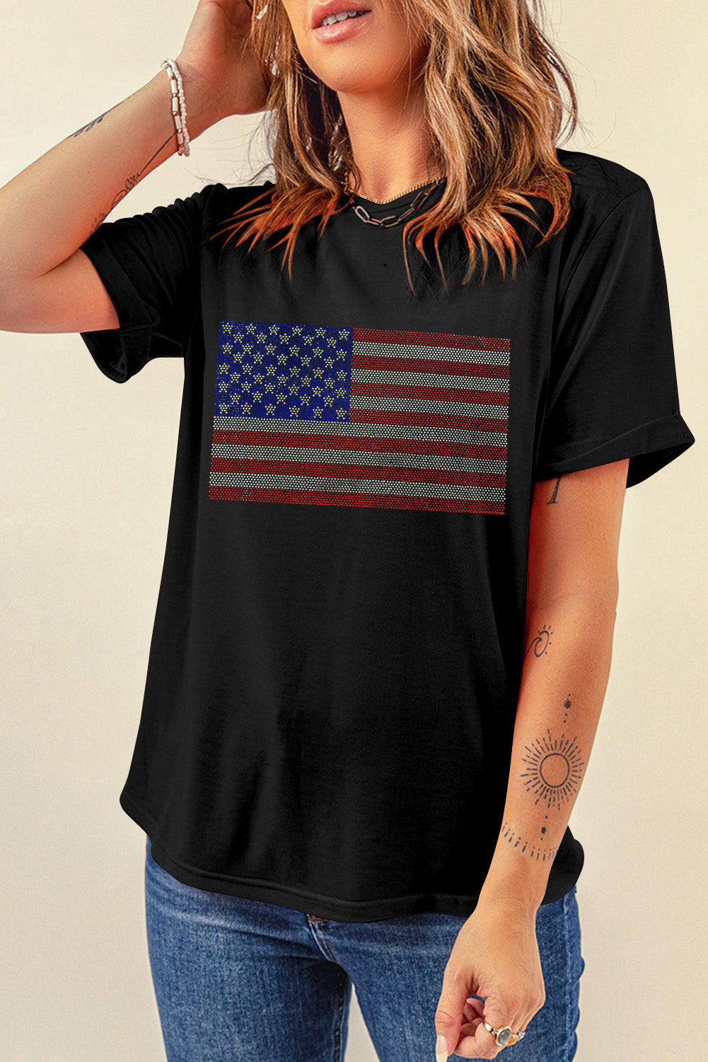 Black Rhinestone American Flag Round Neck Casual Tee Graphic Tees JT's Designer Fashion