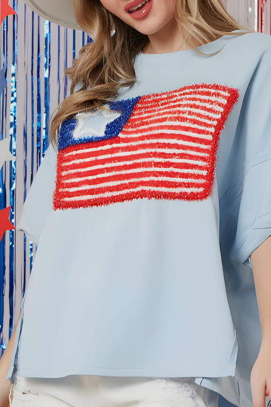 Beau Blue Tinsel American Flag Embroidered Oversize T-shirt Pre Order Tops JT's Designer Fashion
