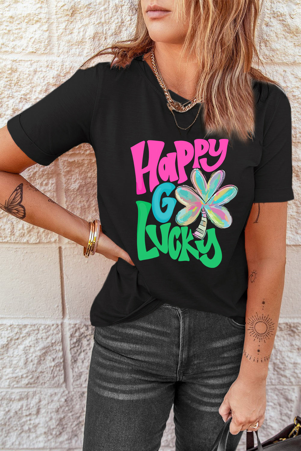 Black Happy GO Lucky Clover Print Crew Neck T Shirt Graphic Tees JT's Designer Fashion