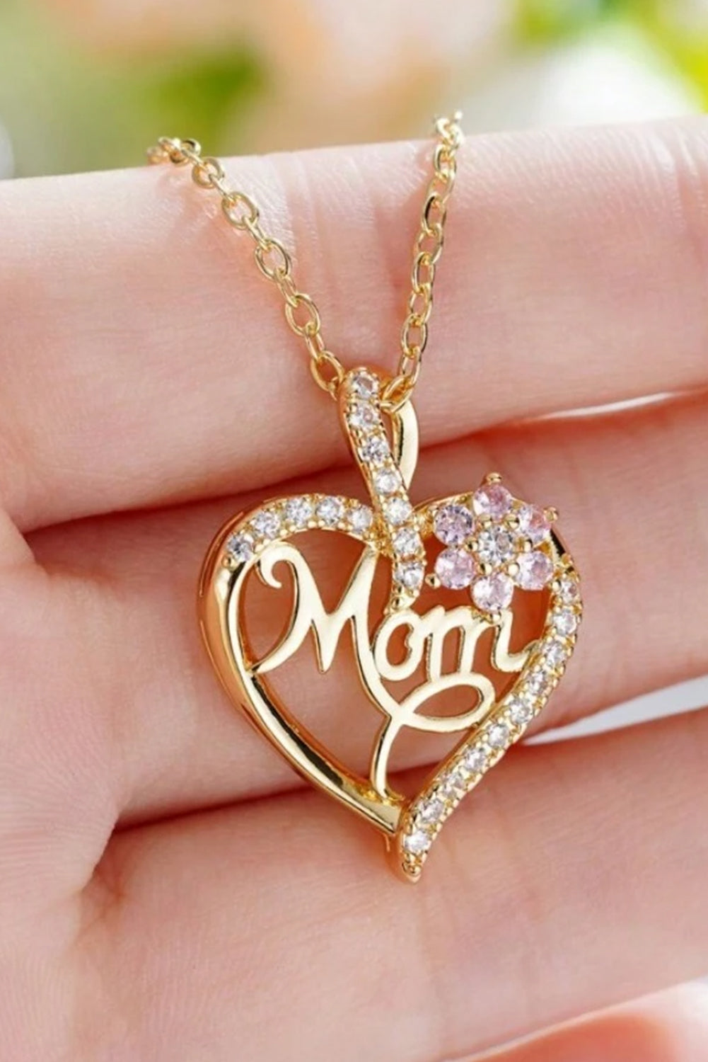 Gold Mom Rhinestone Flower Hollow-out Heart Necklace Jewelry JT's Designer Fashion