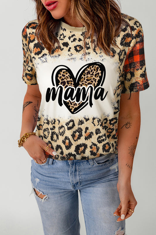 Leopard Mama Heart Shaped Plaid Print Crew Neck T Shirt Graphic Tees JT's Designer Fashion