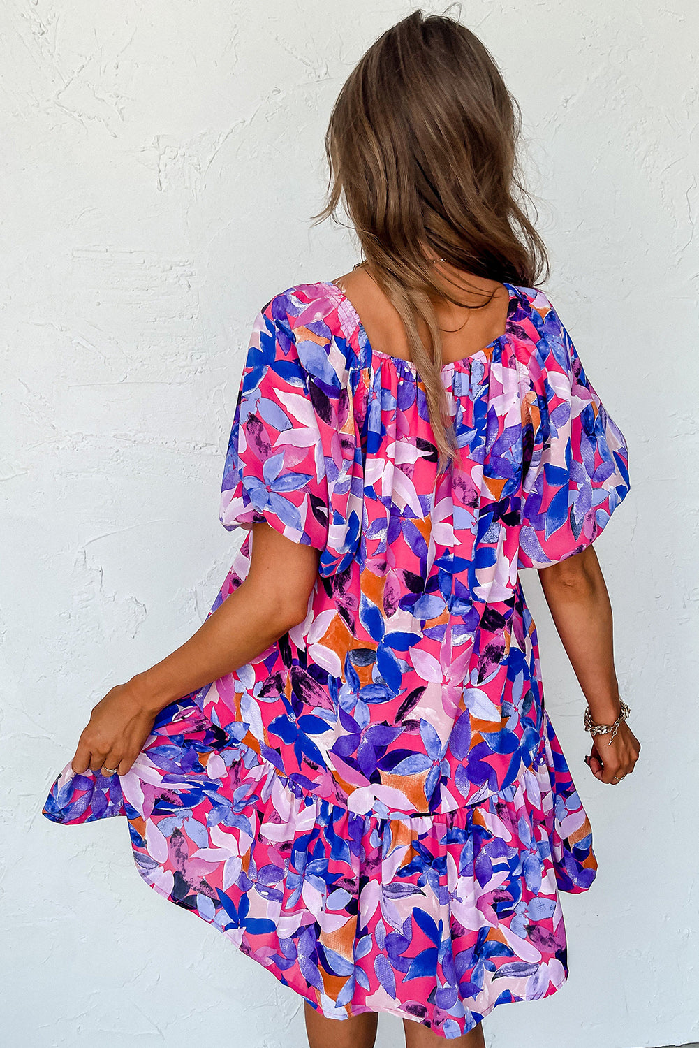 Purple Flower Print Short Puff Sleeve Ruffled Dress Floral Dresses JT's Designer Fashion