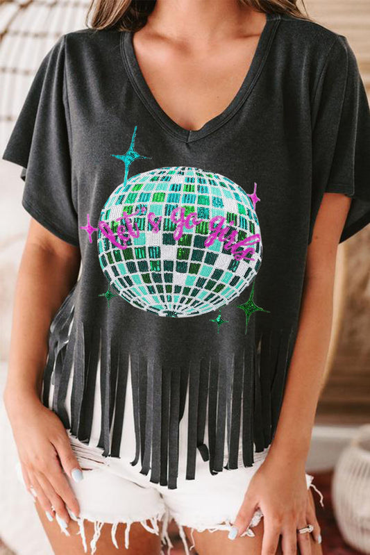 Black Sequined Disco Ball Fringed V Neck T Shirt Graphic Tees JT's Designer Fashion