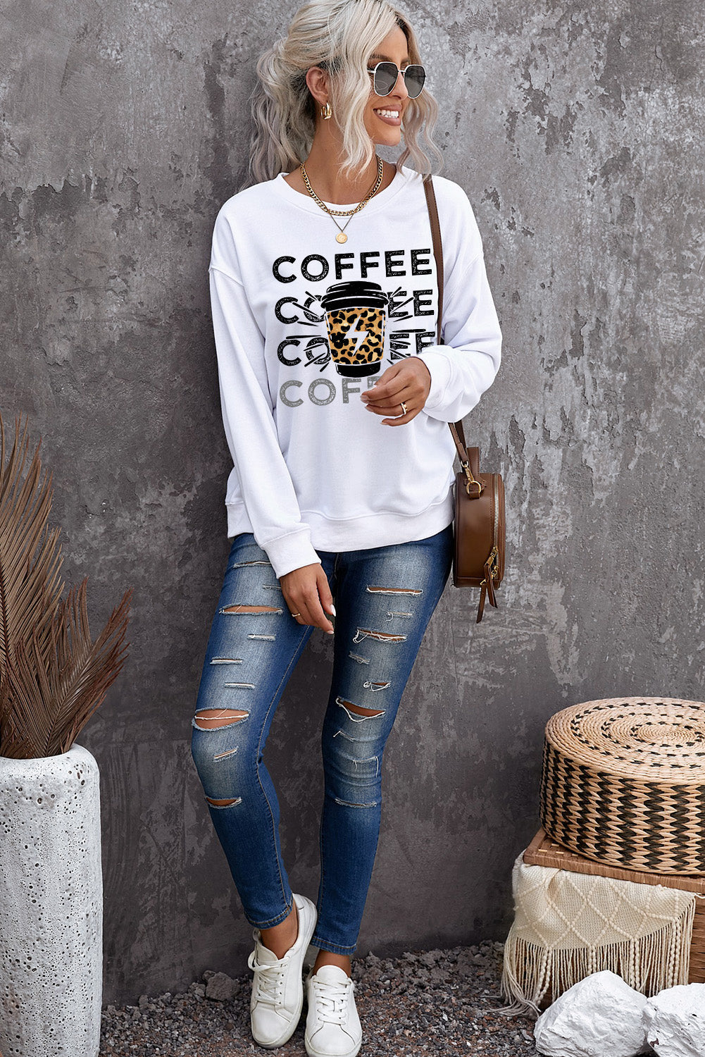 White COFFEE Figure Print Long Sleeve Sweatshirt Graphic Sweatshirts JT's Designer Fashion