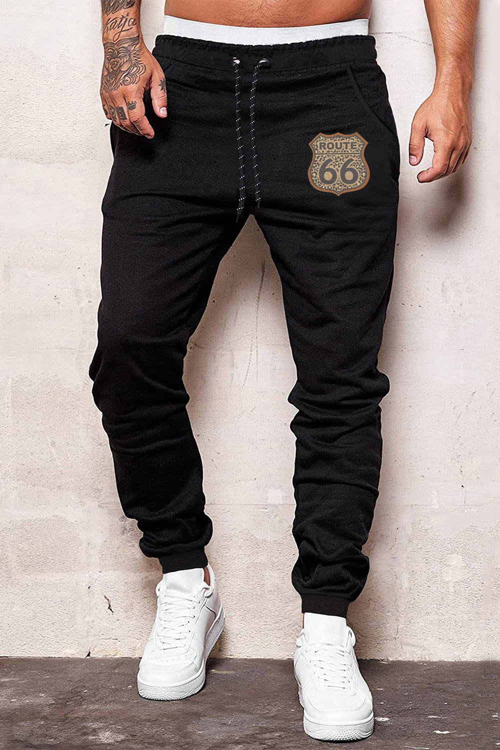 Black ROUTE 66 Graphic Print Drawstring Men's Pants Black 65%Polyester+35%Cotton Men's Pants JT's Designer Fashion