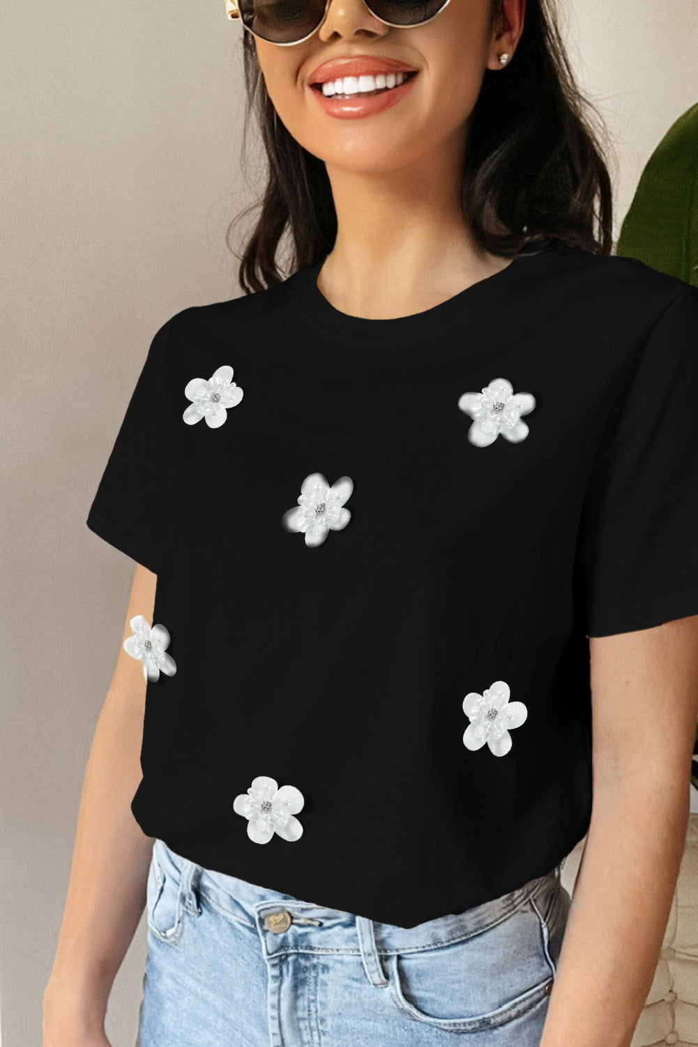 Black Flower Applique Round Neck T-shirt Pre Order Tops JT's Designer Fashion