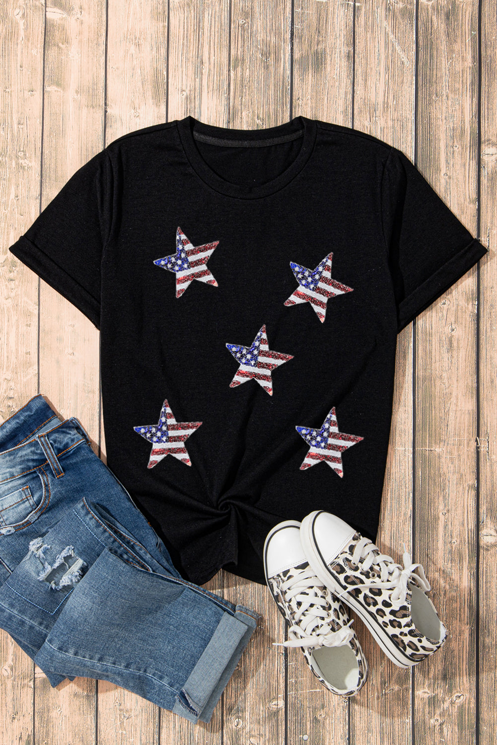 Black Sequined American Flag Star Graphic T Shirt Graphic Tees JT's Designer Fashion