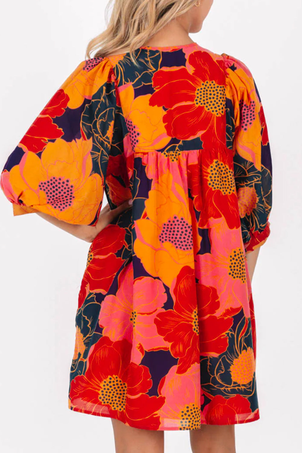 Orange Floral Print 3/4 Sleeve Babydoll Mini Dress Floral Dresses JT's Designer Fashion