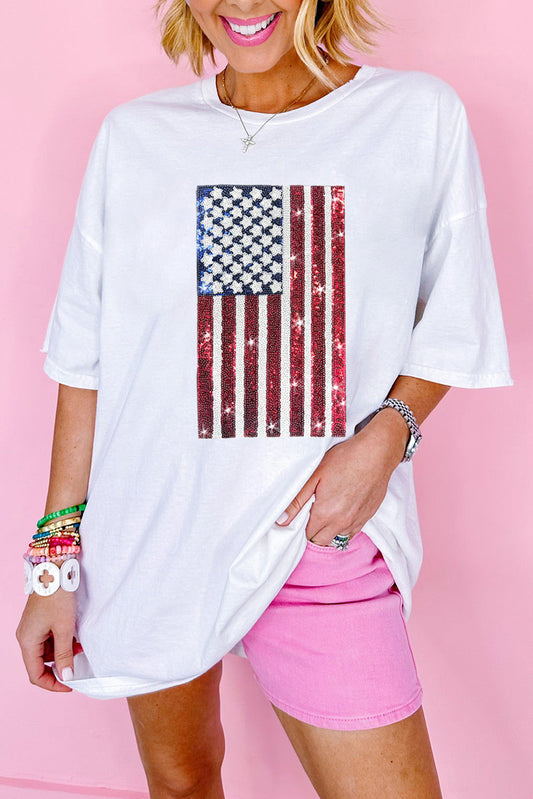 White Sequined American Flag Crewneck Oversized Tee Graphic Tees JT's Designer Fashion