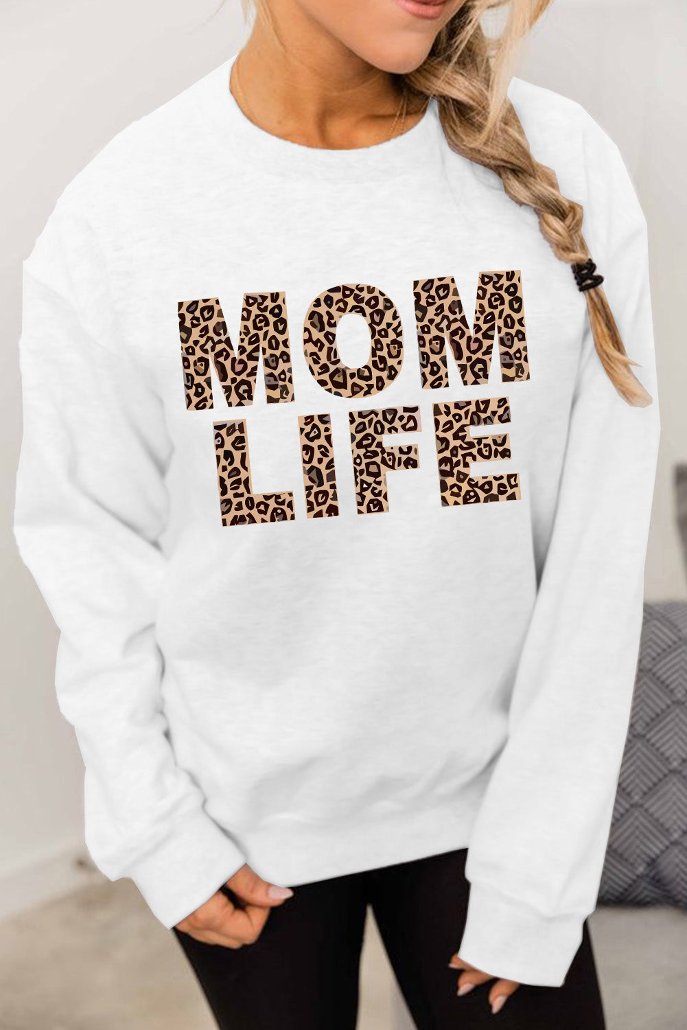 White MOM LIFE Leopard Print Long Sleeve Pullover Sweatshirt Graphic Sweatshirts JT's Designer Fashion