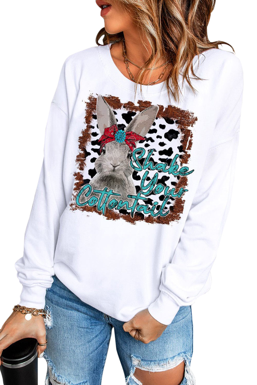 White Bunny Letter Cow Print Long Sleeve Sweatshirt Graphic Sweatshirts JT's Designer Fashion