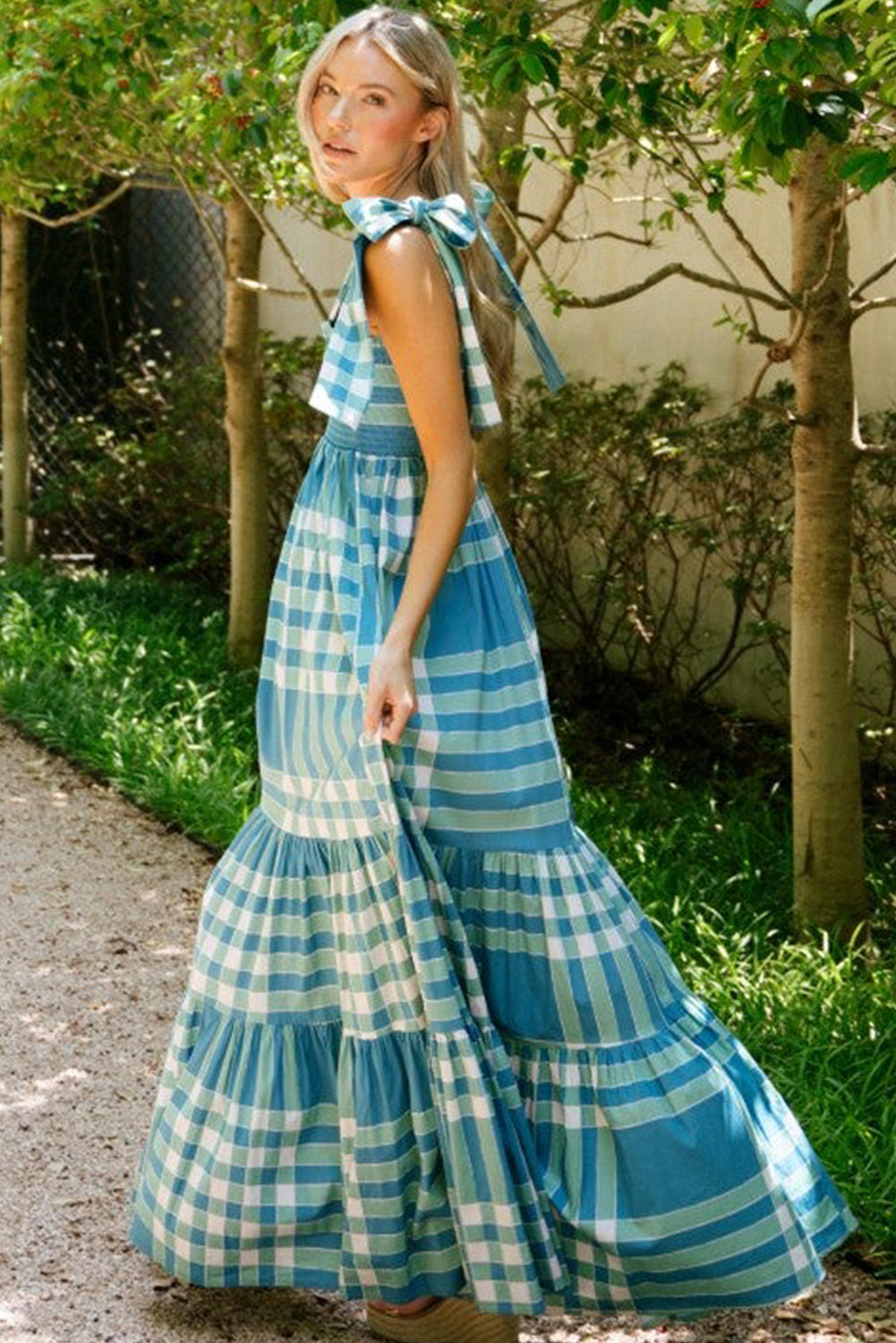Sky Blue Boho Gingham/Floral Tied Straps Smocked Maxi Dress Pre Order Dresses JT's Designer Fashion