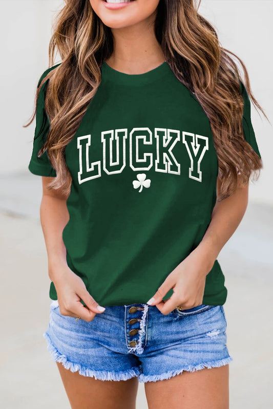 Green LUCKY Clover Puff Print Round Neck Casual T Shirt Graphic Tees JT's Designer Fashion