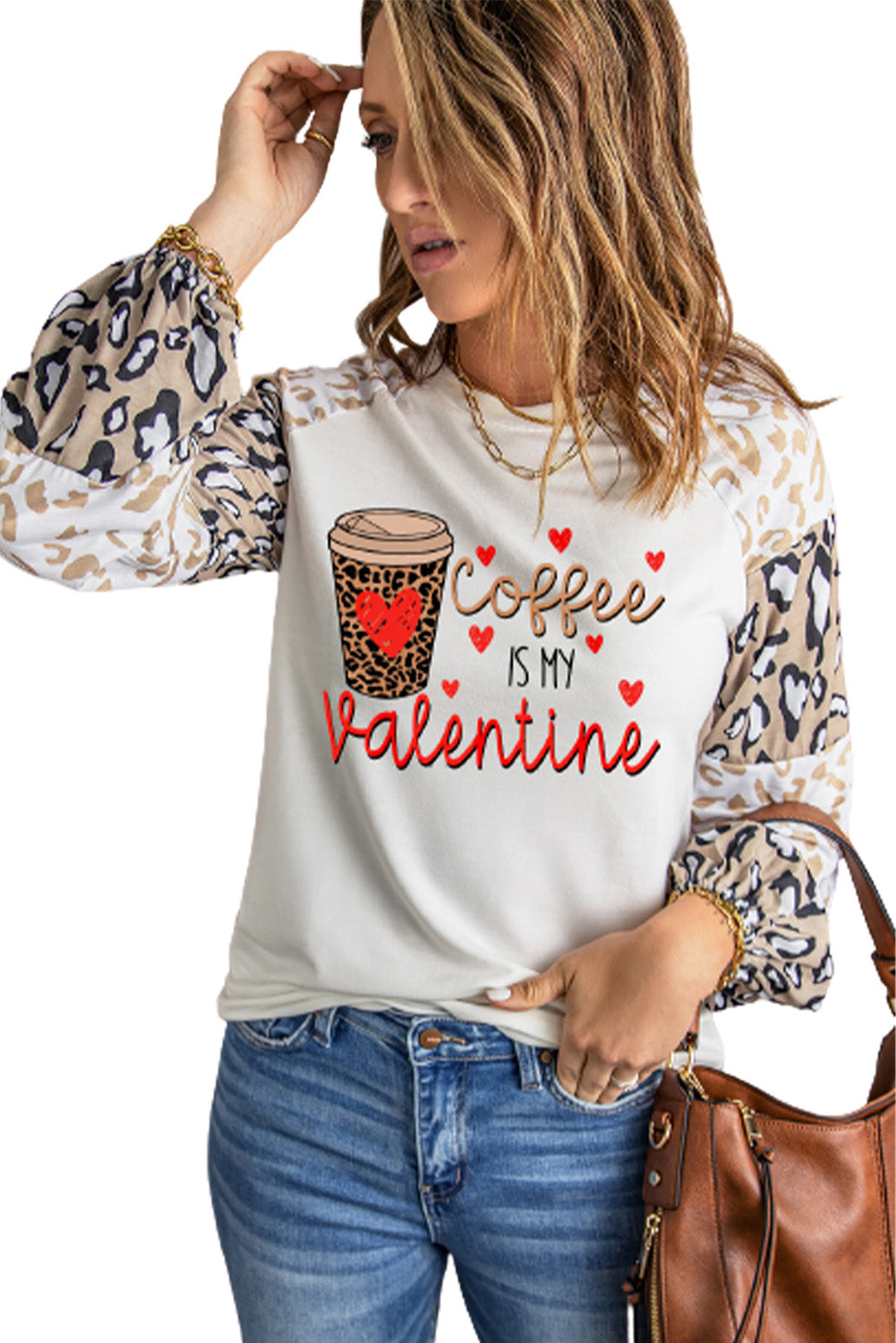 Coffee is My Valentine Graphic Print Leopard Long Sleeve Sweatshirt Graphic Sweatshirts JT's Designer Fashion