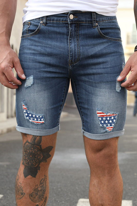Blue American Flag Patchwork Muscle Fit Men's Denim Shorts Blue 70%Cotton 29%Polyester 1%Elastane Men's Pants JT's Designer Fashion