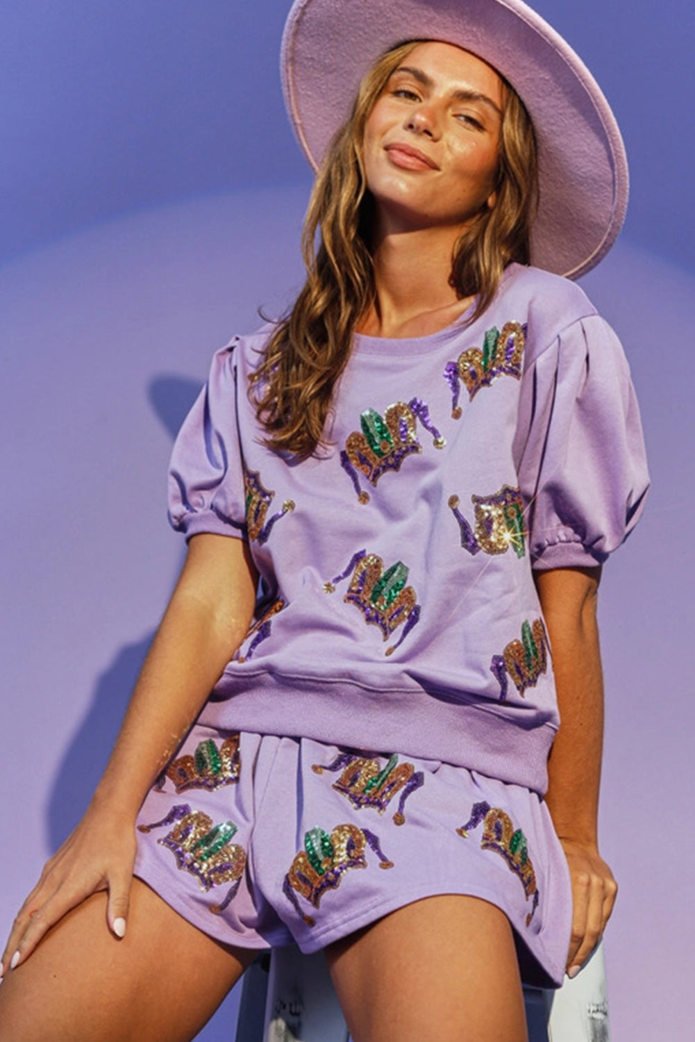 Orchid Petal Mardi Gras Sequin Pattern Puff Sleeve Tee and Shorts Set Short Sets JT's Designer Fashion
