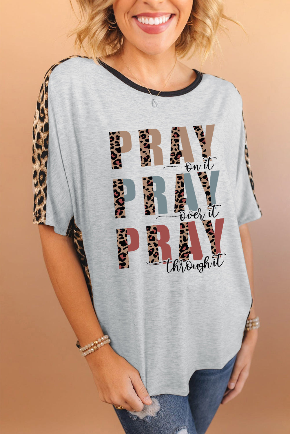 Gray PRAY Slogan Contrast Leopard Dolman Loose T Shirt Graphic Tees JT's Designer Fashion