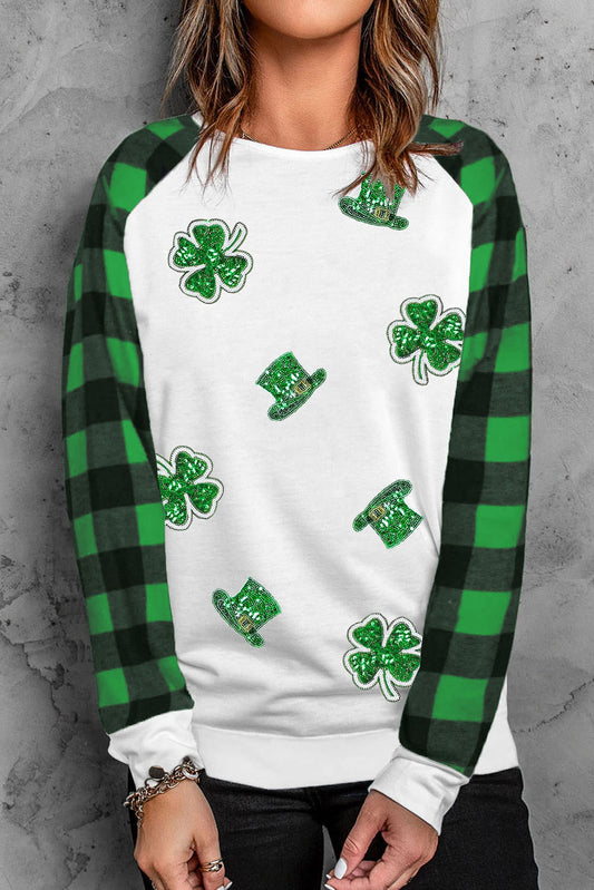 Green Sequin St Patrick Graphic Contrast Plaid Sleeve Top Green 95%Polyester+5%Spandex Graphic Sweatshirts JT's Designer Fashion