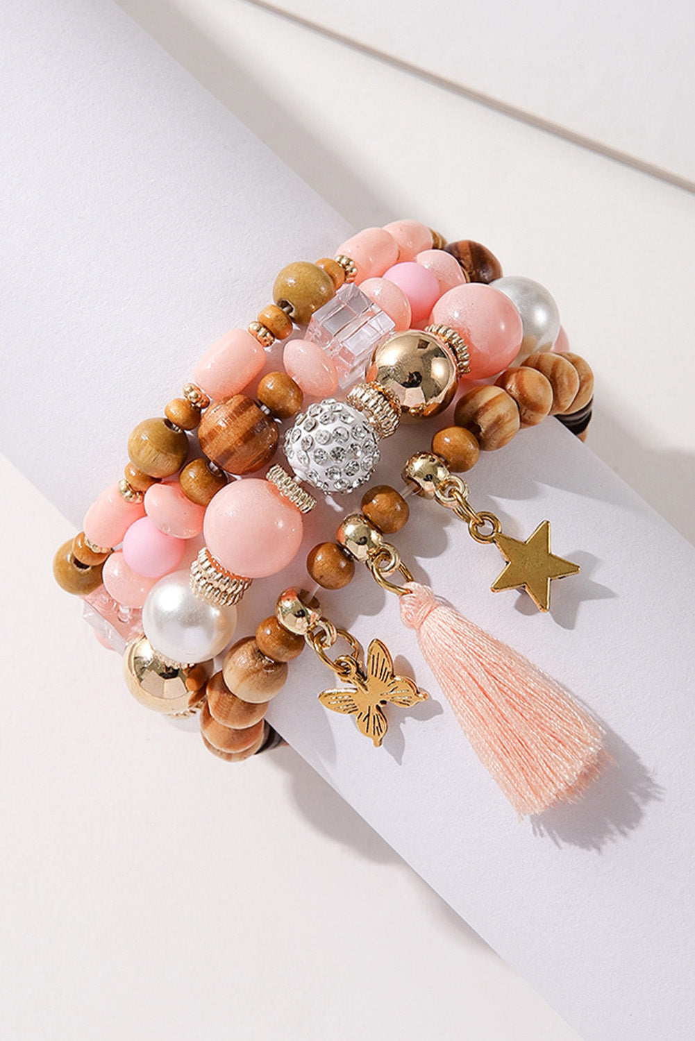 Pink 4Pcs Butterfly Star Pendant Tassel Beaded Bracelet Set Jewelry JT's Designer Fashion
