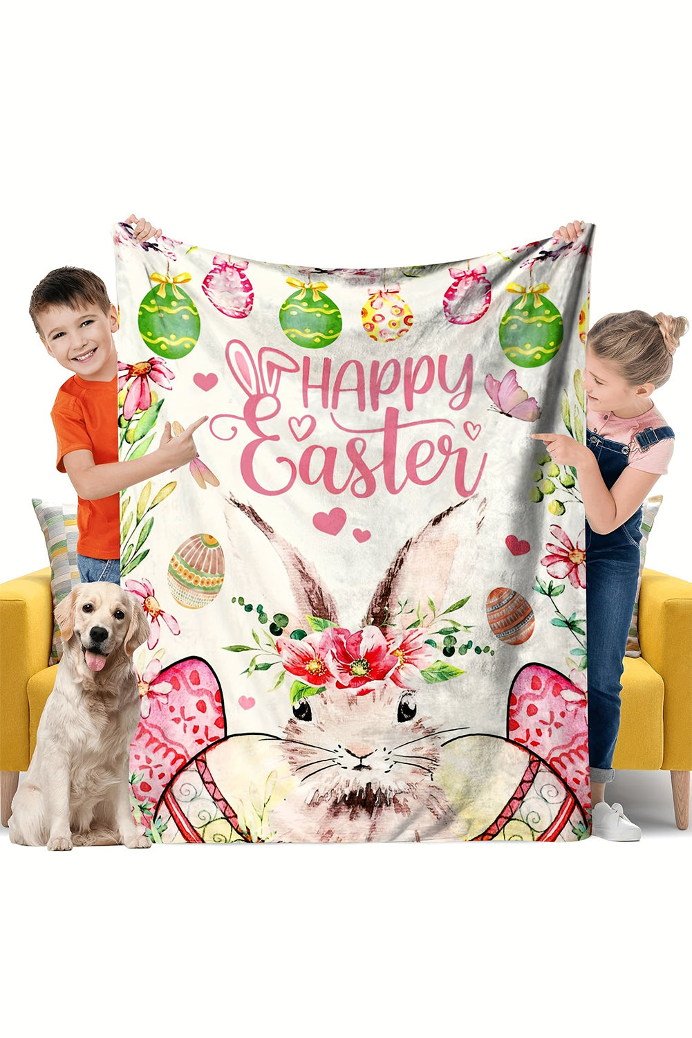 White Happy Easter Bunny Eggs Print Blanket 130*150cm Other Accessories JT's Designer Fashion