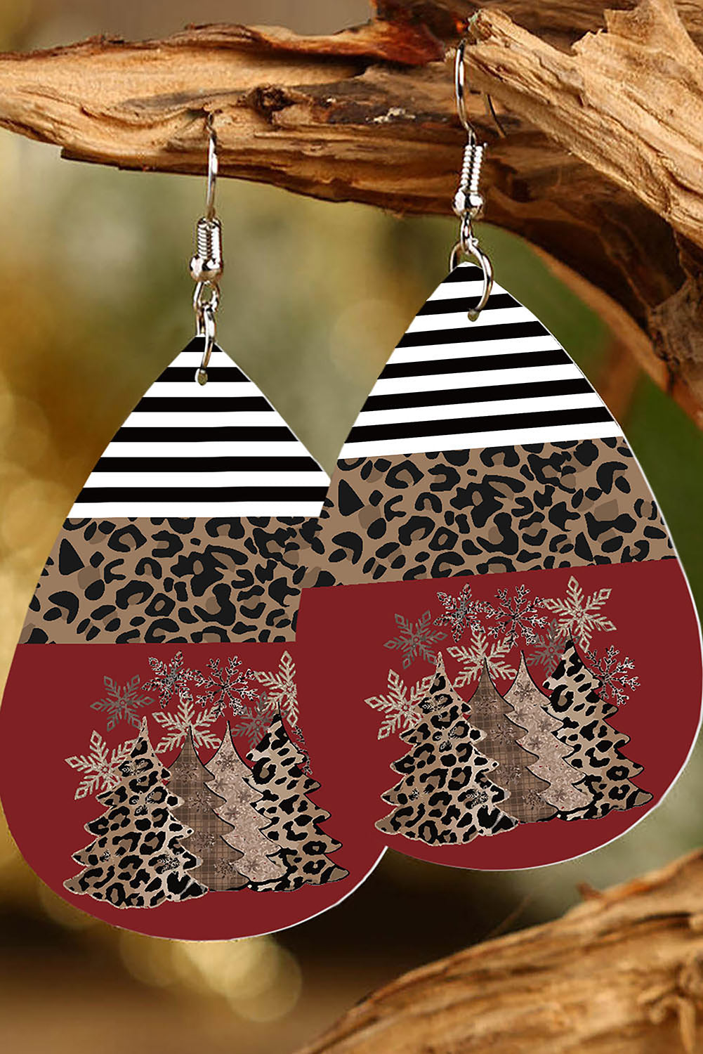 Fiery Red Christmas Tree Pattern Stripe Leopard Drop Earrings Jewelry JT's Designer Fashion